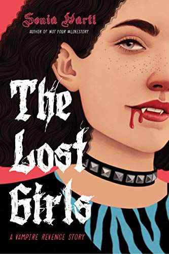 Une jeune fille portant un tour de cou clouté a du sang qui coule de ses crocs dans la couverture de The Lost Girls