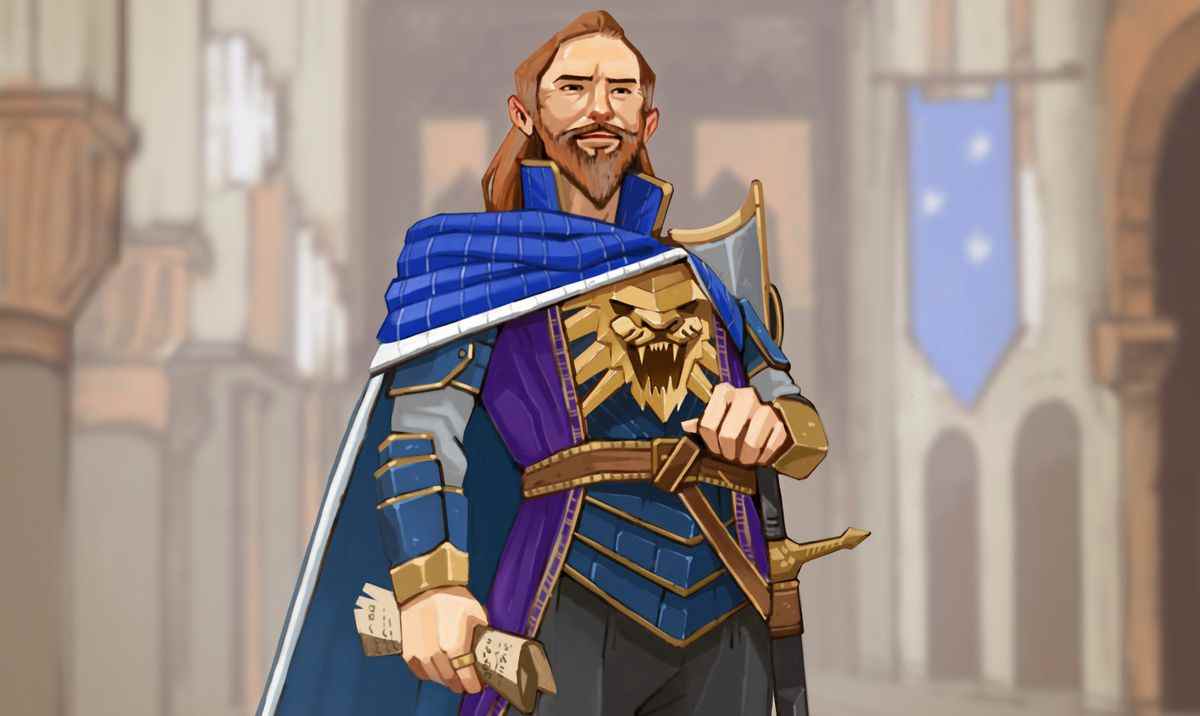 Un portrait peint de Lord Neverember, un homme richement vêtu et souriant dans une longue cape bleue et une cuirasse à face de lion, du Dungeon Master's Guide to Neverwinter [inchoatethoughts.com/dungeon-masters-guide-to-neverwinter]