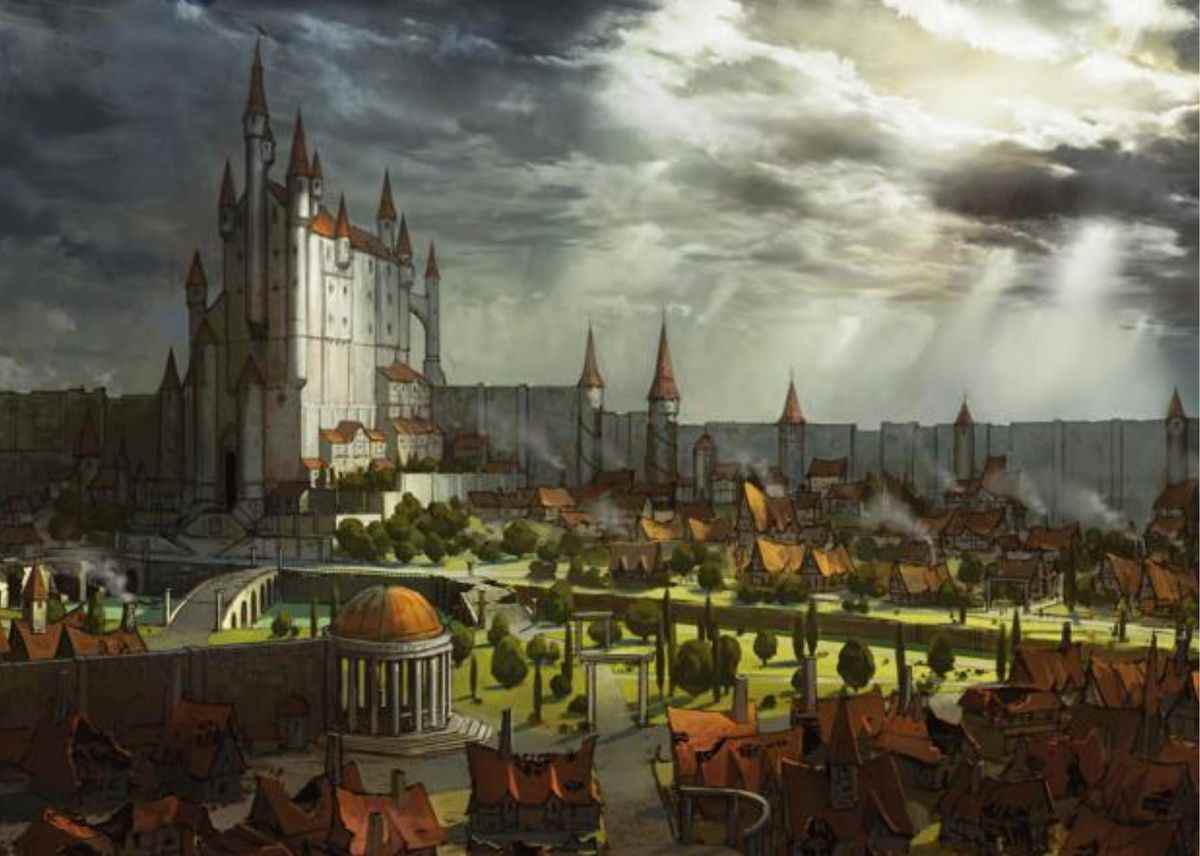 Une illustration de Neverwinter - une ville ensoleillée avec un château à haute tour au-dessus d'espaces verts parsemés de bâtiments en contrebas - tirée du livre source Neverwinter Campaign Setting Sourcebook for Dungeons &  Dragons