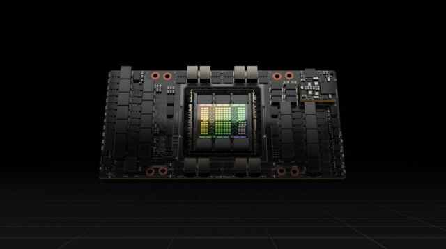 Une photo de presse du GPU Nvidia H100 Tensor Core.