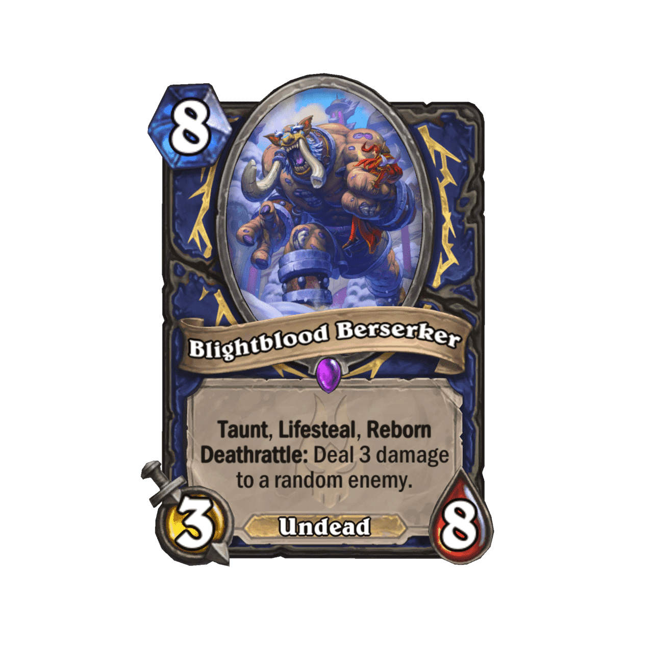 Blightblood Berserker (8) - Taunt, Lifesteal, Reborn, Deathrattle: Infligez 3 dégâts à un ennemi aléatoire.