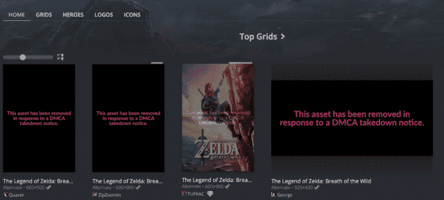 Une page de SteamGridDB montrant comment les images DMCAed apparaissent maintenant (ainsi qu'une image re-téléchargée avec un message transparent effronté superposé sur le dessus).