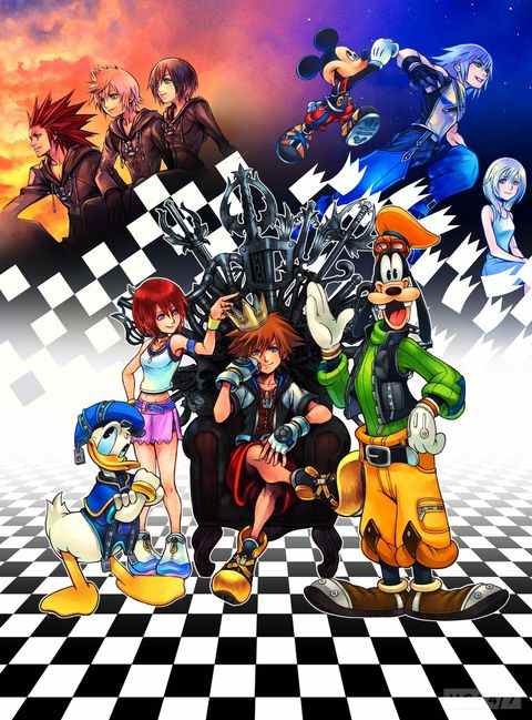 la série disney et square enix crossover, avec sora, donald duck, goofy et kairi