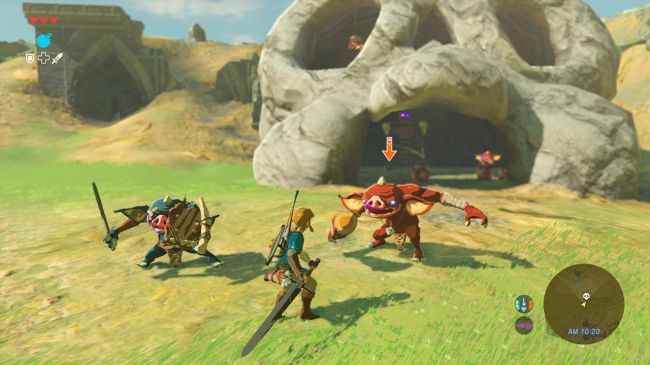 Une capture d'écran de la légende de zelda : souffle de la nature, montrant Link attaquant un groupe de bokoblins