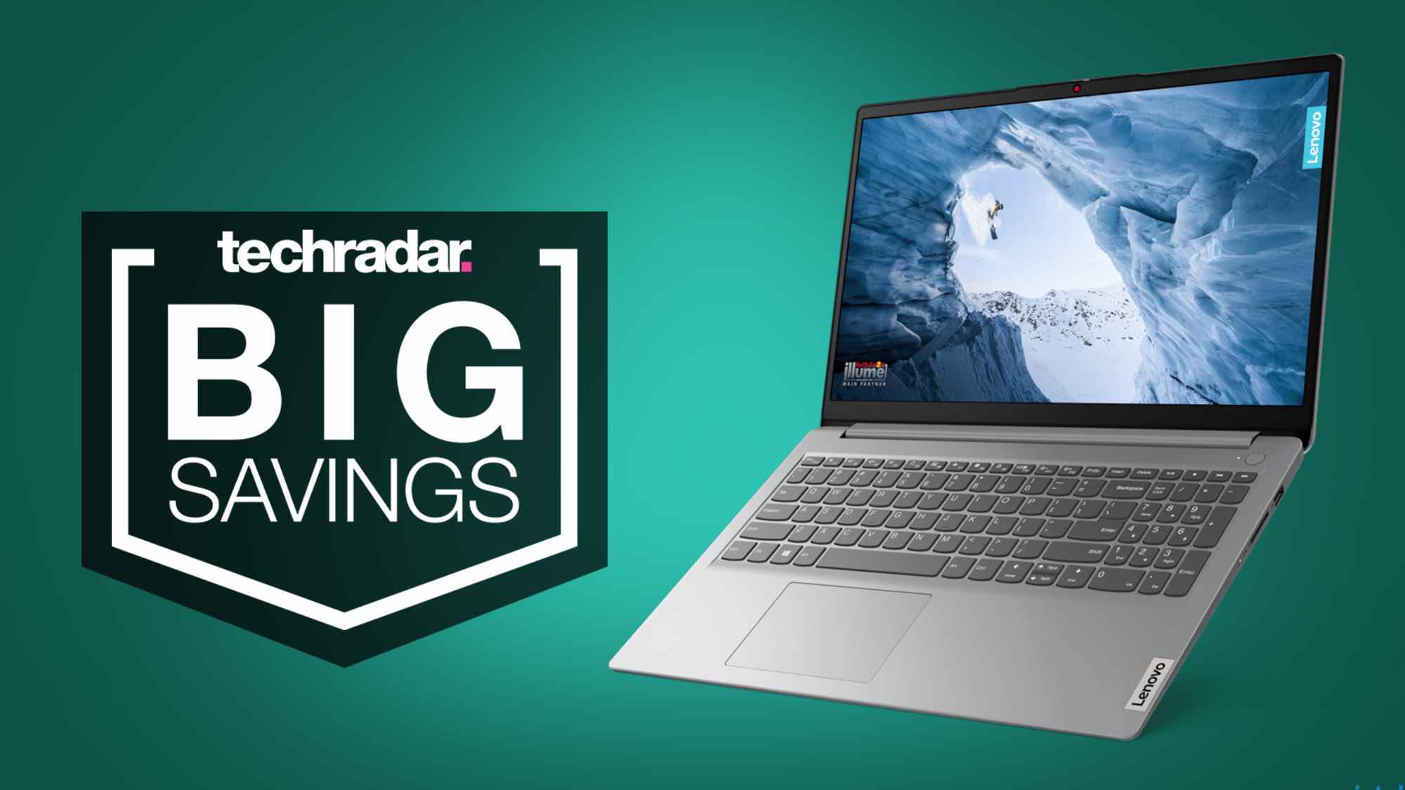 Ordinateur portable Lenovo IdeaPad 1i sur fond vert à côté d'un badge TechRadar indiquant 