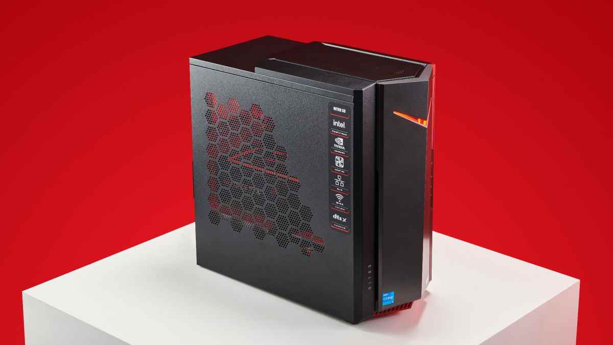 The Acer Nitro 50 gaming PC three quarter view.