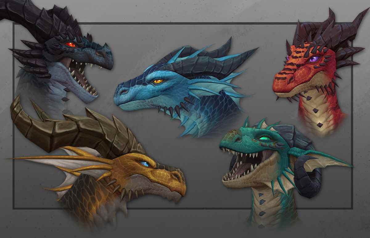 Art conceptuel des têtes de Dracthyr sous forme de dragon