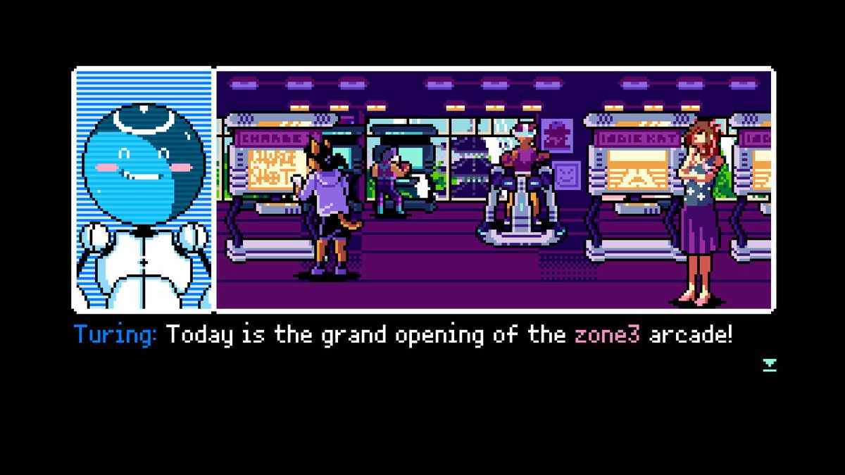 Une scène représentant une arcade pleine de monde en 2064 : Read Only Memories