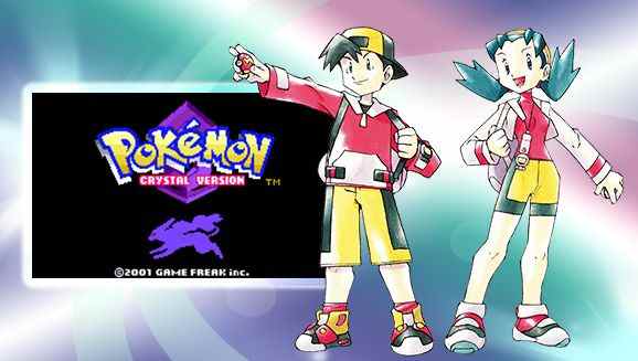 Art de jeu officiel pour Pokemon Crystal, représentant le logo du jeu dans un rectangle sur le côté gauche de l'image, et les deux protagonistes du jeu (homme et femme) sur le côté droit