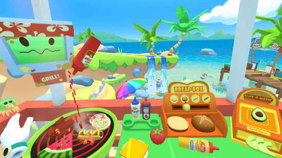 Vacation Simulator Cuisine de plage, avec des condoms tenus en l'air à l'aide du suivi manuel de Meta Quest 2