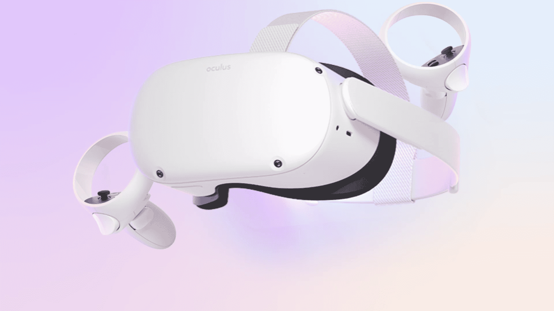 Oculus Quest 2 et contrôleurs sur fond lilas