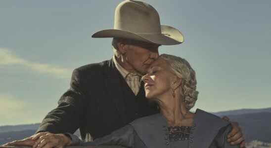 Jacob and Cara Dutton hugging on fence in 1923