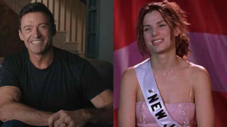 Left to right: Hugh Jackman in the Deadpool 3 announcement and Sandra Bullock on stage in Miss Congeniality.