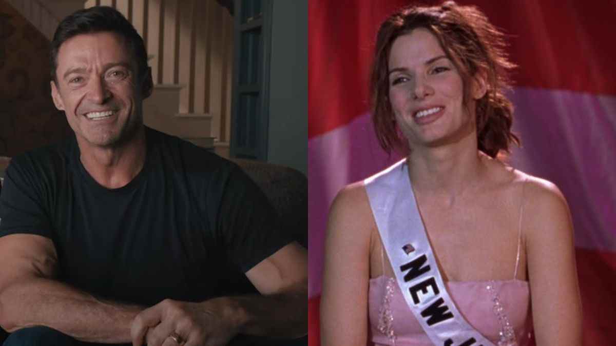 Left to right: Hugh Jackman in the Deadpool 3 announcement and Sandra Bullock on stage in Miss Congeniality.