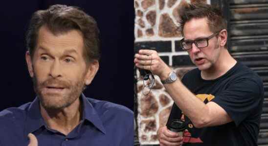 Kevin Conroy appearing on Crisis Aftermath and James Gunn on the set of The Suicide Squad, pictured side by side.