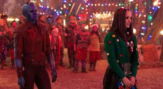 Karen Gillan as Nebula and Pom Klementieff as Mantis in Marvel Studios' The Guardians of the Galaxy: Holiday Special