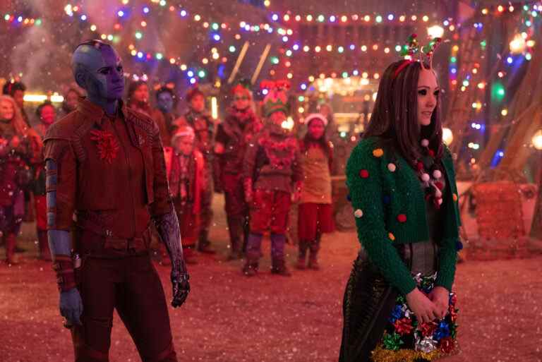 Karen Gillan as Nebula and Pom Klementieff as Mantis in Marvel Studios' The Guardians of the Galaxy: Holiday Special