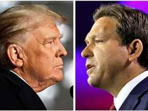 L'ancien président américain Donald Trump et le gouverneur de Floride Ron DeSantis prennent la parole lors de rassemblements électoraux de mi-mandat, à Dayton, Ohio, États-Unis, le 7 novembre 2022 et à Tampa, Floride, États-Unis, le 8 novembre 2022 dans une combinaison de photos d'archives.  REUTERS/Gaëlen Morse, Marco Bello