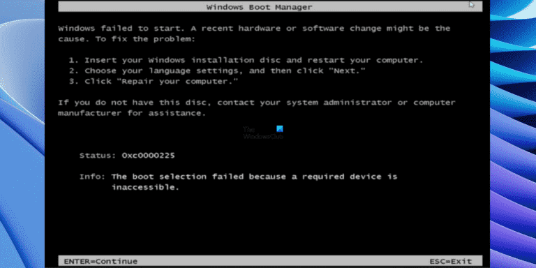 La sélection de démarrage a échoué car le périphérique requis est inaccessible, 0xc0000225