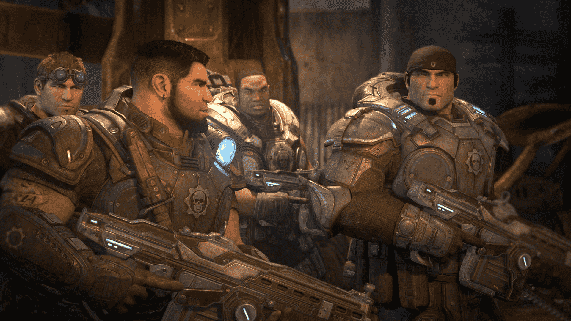 (R à L) Marcus Fenix ​​et d'autres soldats dans Gears of War