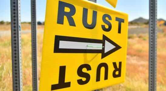 SANTA FE, NEW MEXICO - OCTOBER 22: A sign directs people to the road that leads to the Bonanza Creek Ranch where the movie "Rust" is being filmed on October 22, 2021 in Santa Fe, New Mexico. Director of Photography Halyna Hutchins was killed and director Joel Souza was injured on set while filming the movie "Rust" at Bonanza Creek Ranch near Santa Fe, New Mexico on October 21, 2021. The film's star and producer Alec Baldwin discharged a prop firearm that hit Hutchins and Souza. (Photo by Sam Wasson/Getty Images)