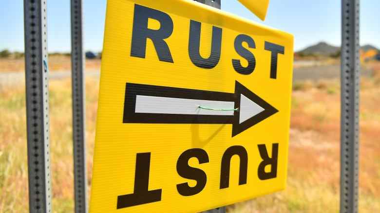 SANTA FE, NEW MEXICO - OCTOBER 22: A sign directs people to the road that leads to the Bonanza Creek Ranch where the movie "Rust" is being filmed on October 22, 2021 in Santa Fe, New Mexico. Director of Photography Halyna Hutchins was killed and director Joel Souza was injured on set while filming the movie "Rust" at Bonanza Creek Ranch near Santa Fe, New Mexico on October 21, 2021. The film's star and producer Alec Baldwin discharged a prop firearm that hit Hutchins and Souza. (Photo by Sam Wasson/Getty Images)