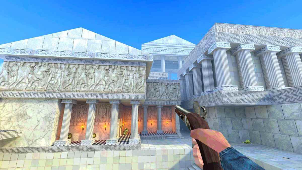 Player examining classical greek architecture while holding flintlock