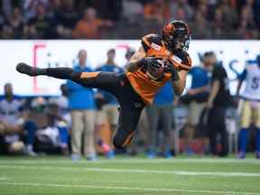 Bryan Burnham des Lions de la Colombie-Britannique fait une réception contre les Blue Bombers de Winnipeg lors de leur match éliminatoire de 2016 au BC Place.