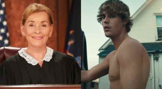 Judge Judy smiling on Judge Judy set and Justin Bieber in the Anyone music video.