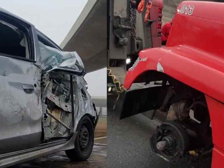 « SITUATION ASSEZ EFFRAYANTE »: Le conducteur est OK après que la roue de transport a heurté la voiture sur l’autoroute.  401