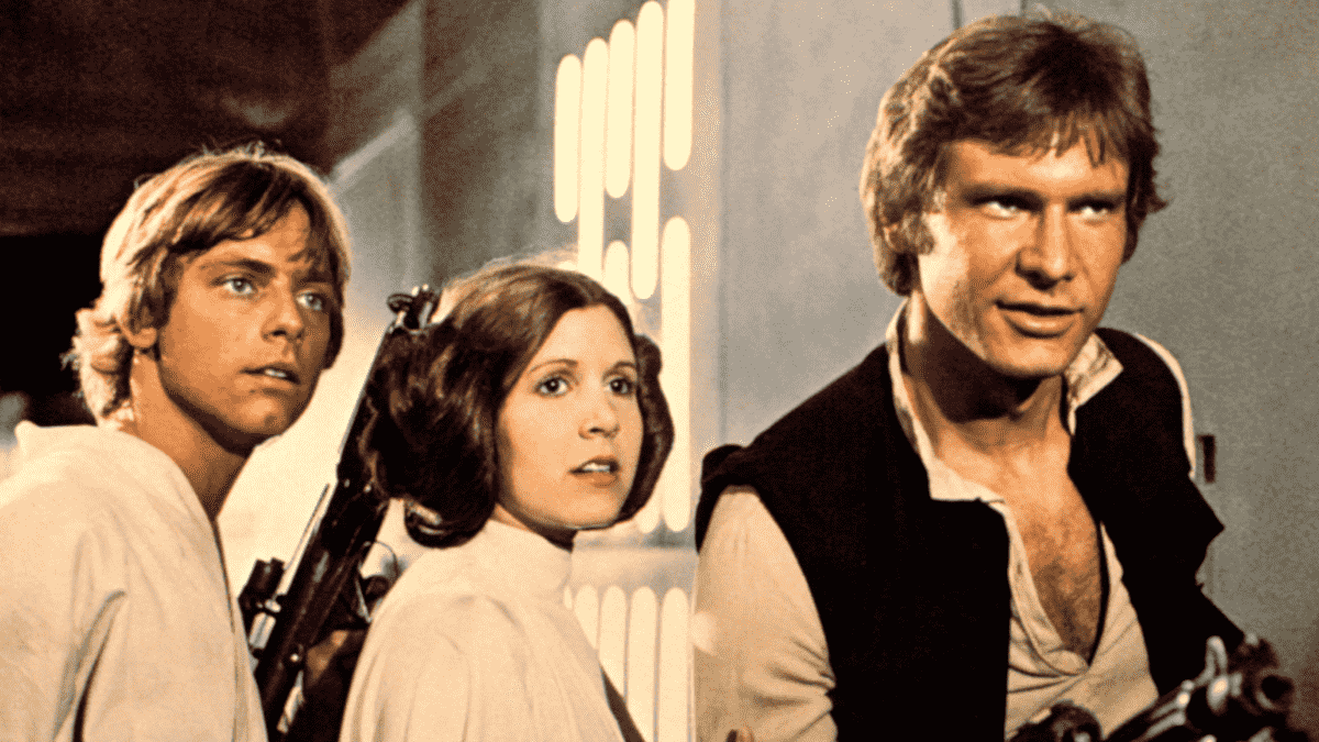 Mark Hamill, Carrie Fisher and Harrison Ford in Star Wars: A New Hope 1977