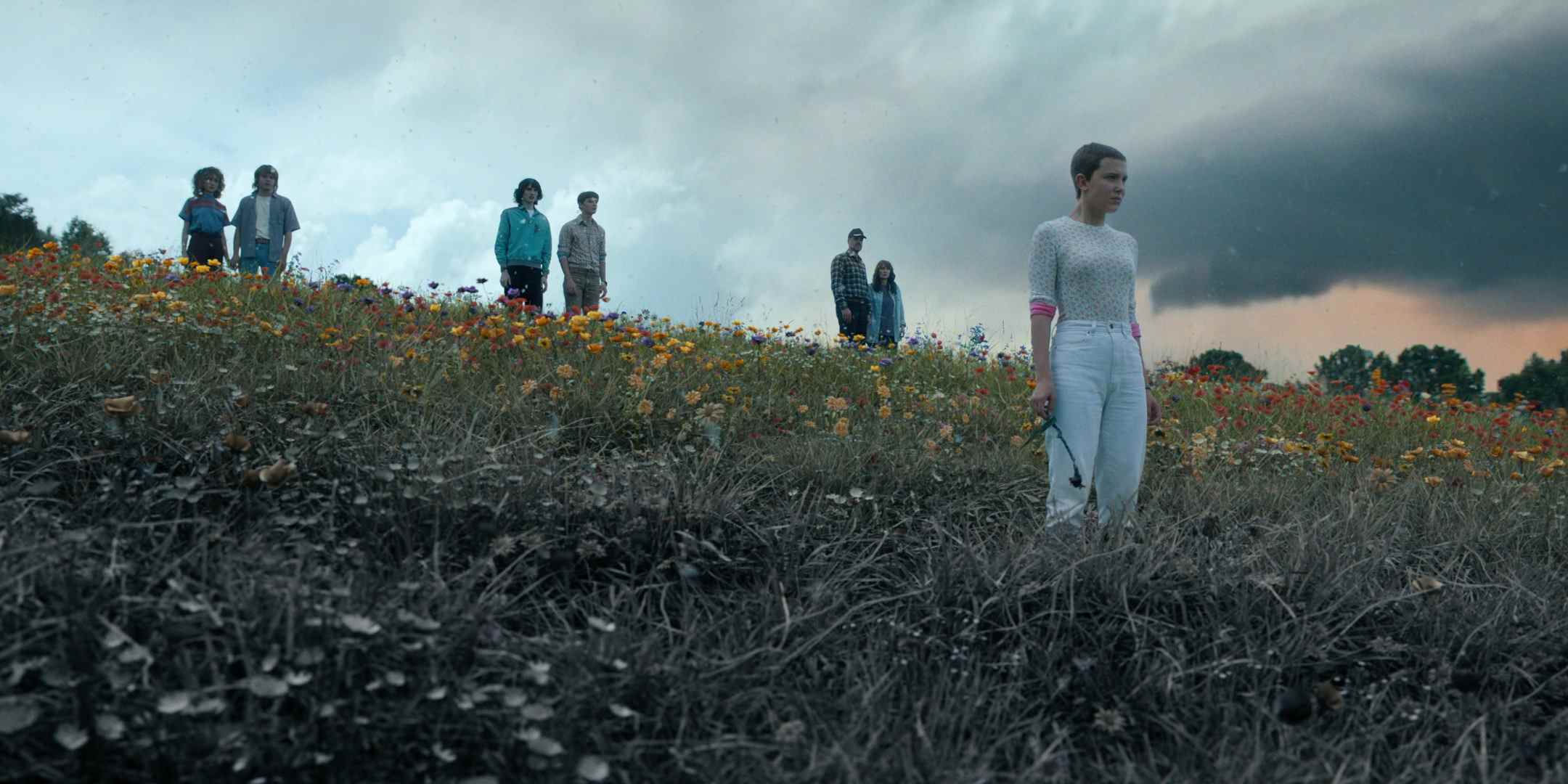 STRANGER THINGS. (L to R) Natalia Dyer as Nancy Wheeler, Charlie Heaton as Jonathan Byers, Finn Wolfhard as Mike Wheeler, Noah Schnapp as Will Byers, David Harbour as Jim Hopper, Winona Ryder as Joyce Byers, and Millie Bobby Brown as Eleven all stand in a field overlooking Hawkins in the season 4 part 2 finale