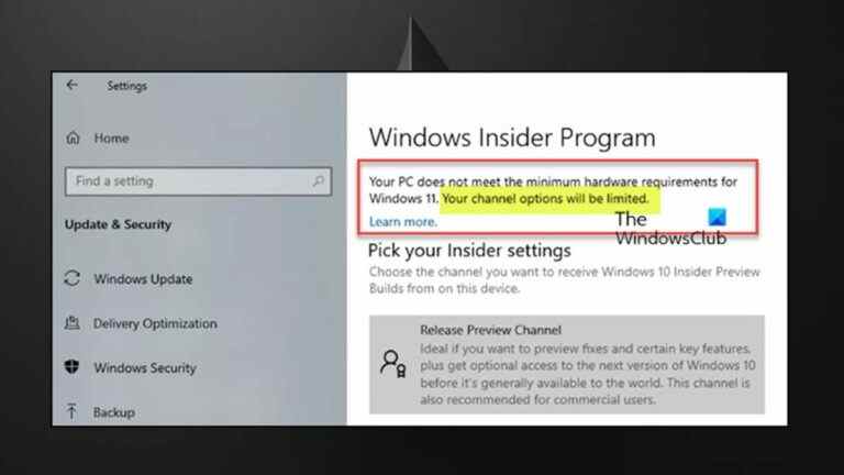 Vos options de chaîne seront limitées Erreur Windows Insider