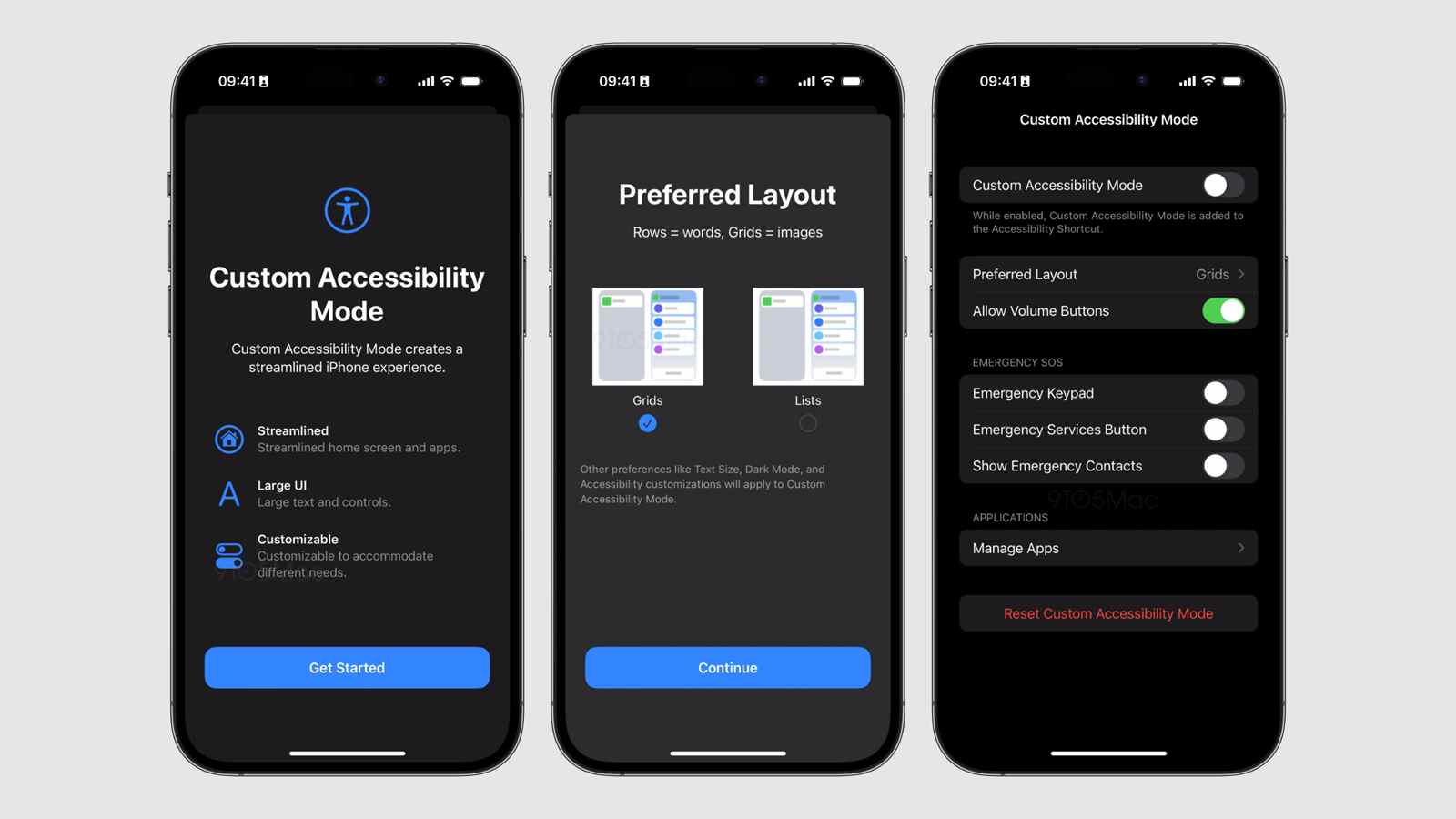 Captures d'écran montrant la fonctionnalité de mode d'accessibilité personnalisé dans la version bêta d'iOS 16.2