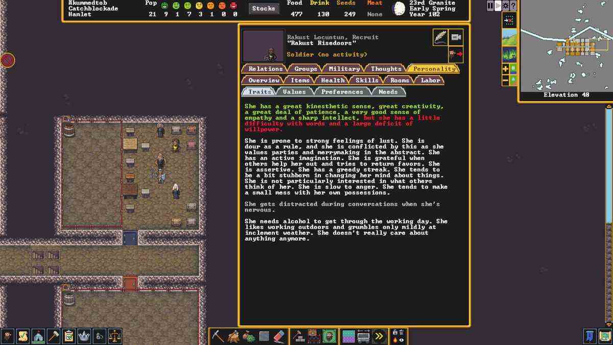 Une capture d'écran des traits de caractère d'un maître charpentier qui souffre également d'alcoolisme dans Dwarf Fortress sur Steam
