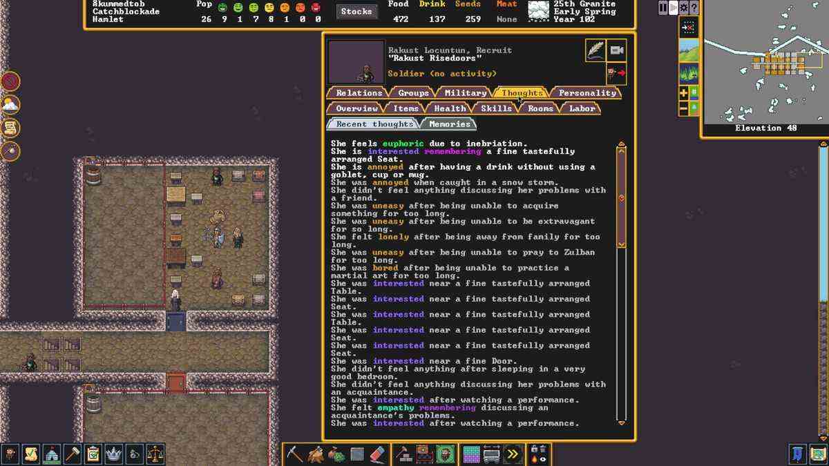 Un journal de pensées d'un nain maître charpentier dans Dwarf Fortress sur Steam, décrivant comment son alcoolisme et son apathie l'ont empêchée de se soucier de quoi que ce soit
