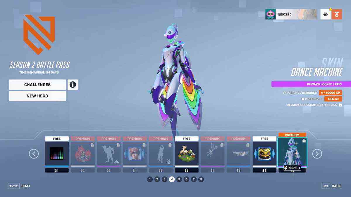 Un écran de menu pour Overwatch 2 montrant les niveaux 31 à 40 du Battle Pass de la saison 2 et le skin Dance Machine d'Echo, ce qui la fait ressembler à un membre de Daft Punk.