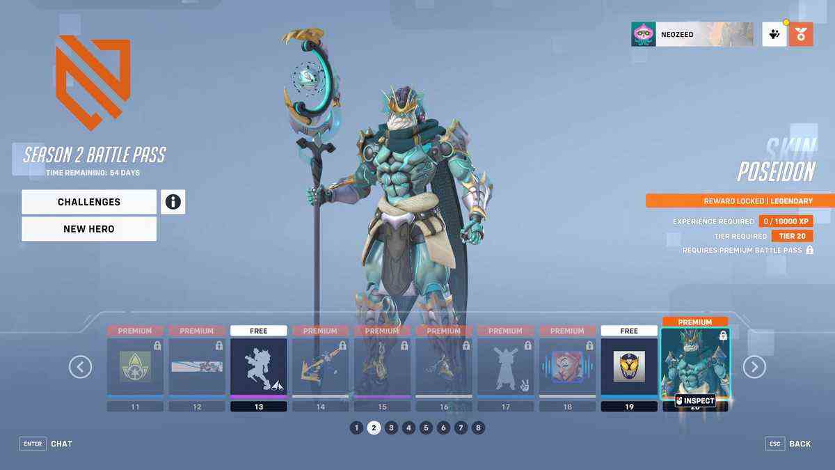 Un écran de menu pour Overwatch 2 montrant les niveaux 11 à 20 du Battle Pass de la saison 2 et le skin légendaire Poséidon pour Ramattra.