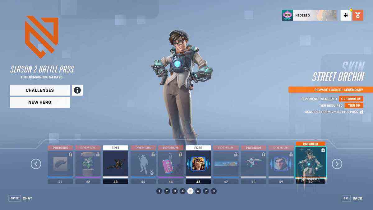 Un écran de menu pour Overwatch 2 montrant les niveaux 41 à 50 du Battle Pass de la saison 2 et le skin Tracer's Street Urchin, un skin inspiré des nouvelles.