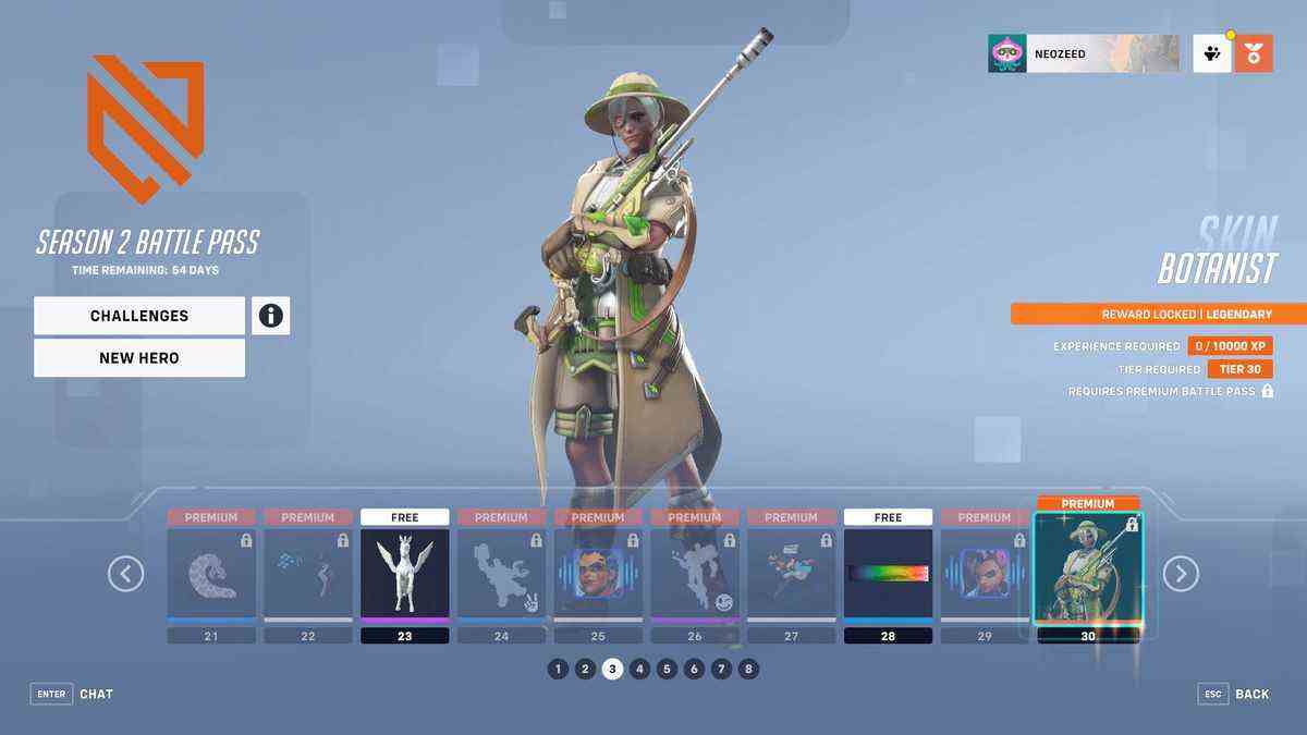 Un écran de menu pour Overwatch 2 montrant les niveaux 21 à 30 du Battle Pass de la saison 2 et le skin Ana's Botanist