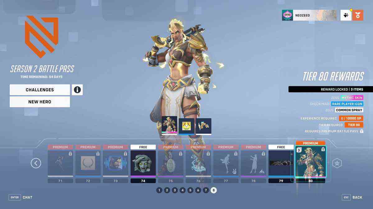 Un écran de menu pour Overwatch 2 montrant les niveaux 71 à 80 du Battle Pass de la saison 2 et le skin mythique Junker Queen's Zeus