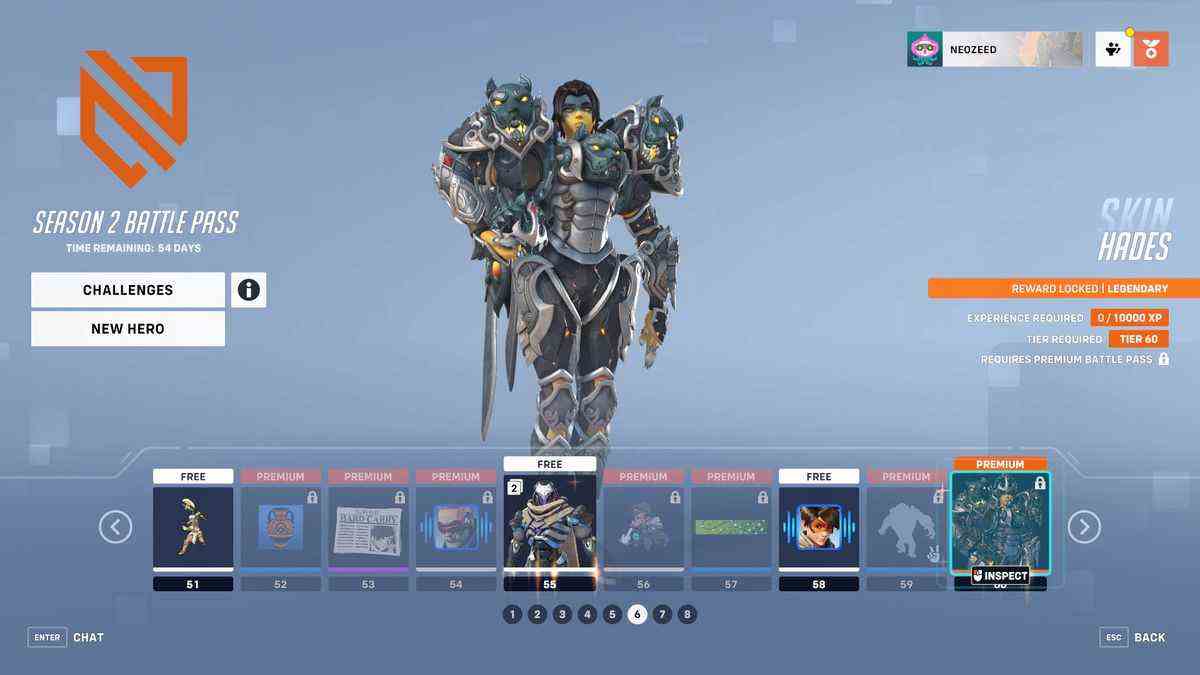 Un écran de menu pour Overwatch 2 montrant les niveaux 51 à 60 du Battle Pass de la saison 2 et le skin Cerberus de Pharah.