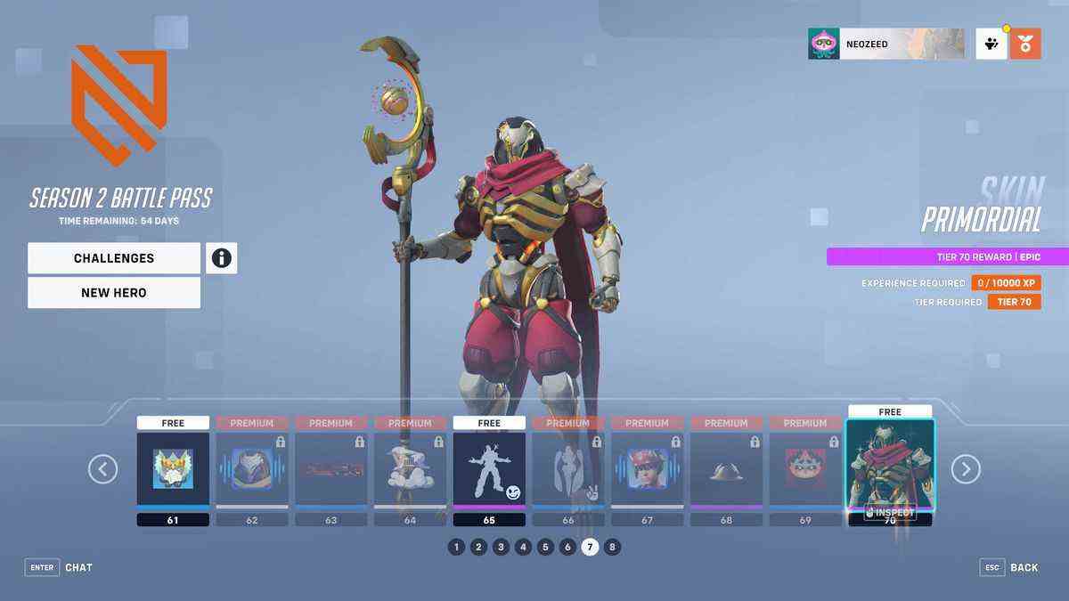 Un écran de menu pour Overwatch 2 montrant les niveaux 61 à 70 du Battle Pass de la saison 2 et le skin épique Primordial de Ramattra