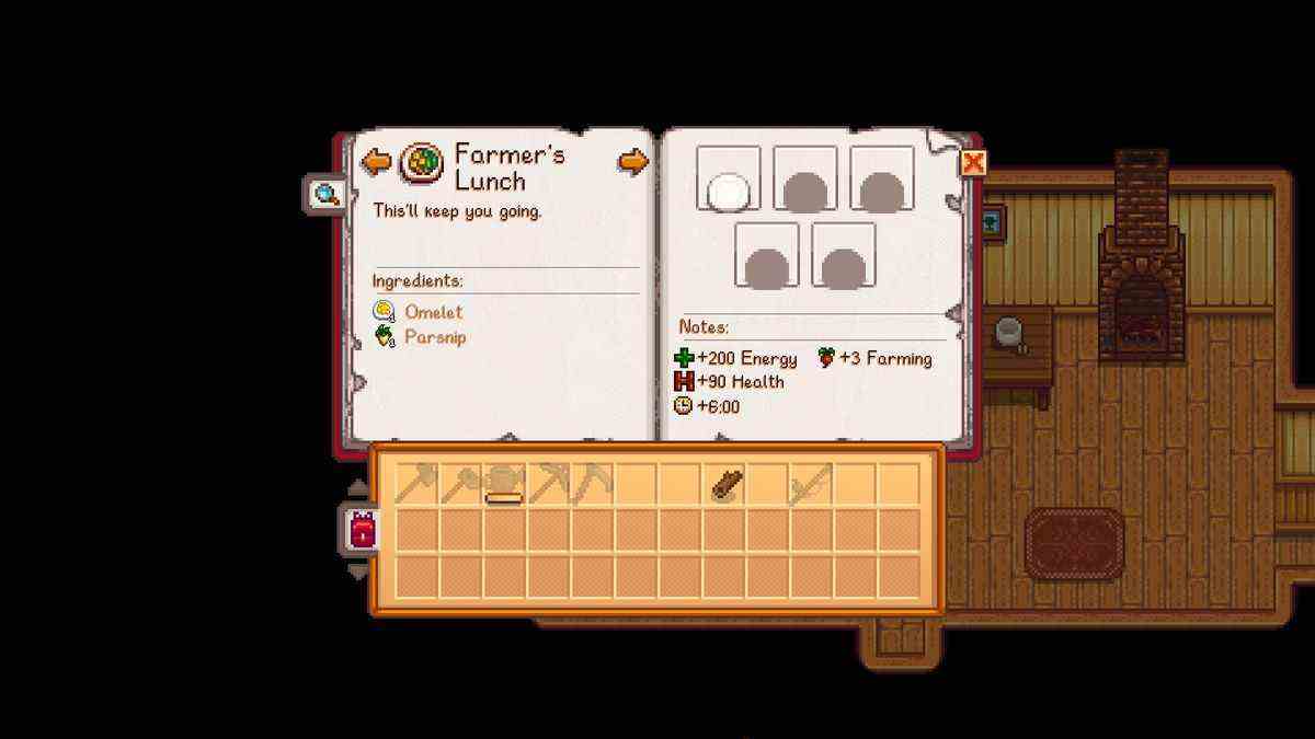 Une capture d'écran de Stardew Valley avec le Love of Cooking Mod installé.  Un déjeuner de fermier à l'intérieur d'une page d'un livre de cuisine est affiché.