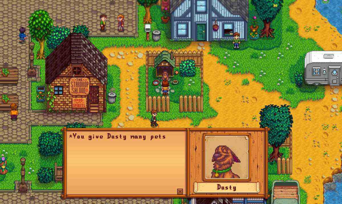 Une capture d'écran du mod Stardew Valley Expanded qui permet aux joueurs de caresser le chien à côté de la maison d'Alex.