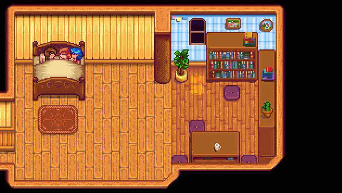 Une capture d'écran de Stardew Valley où un fermier et deux PNJ partagent un lit, grâce au mod Free Love.