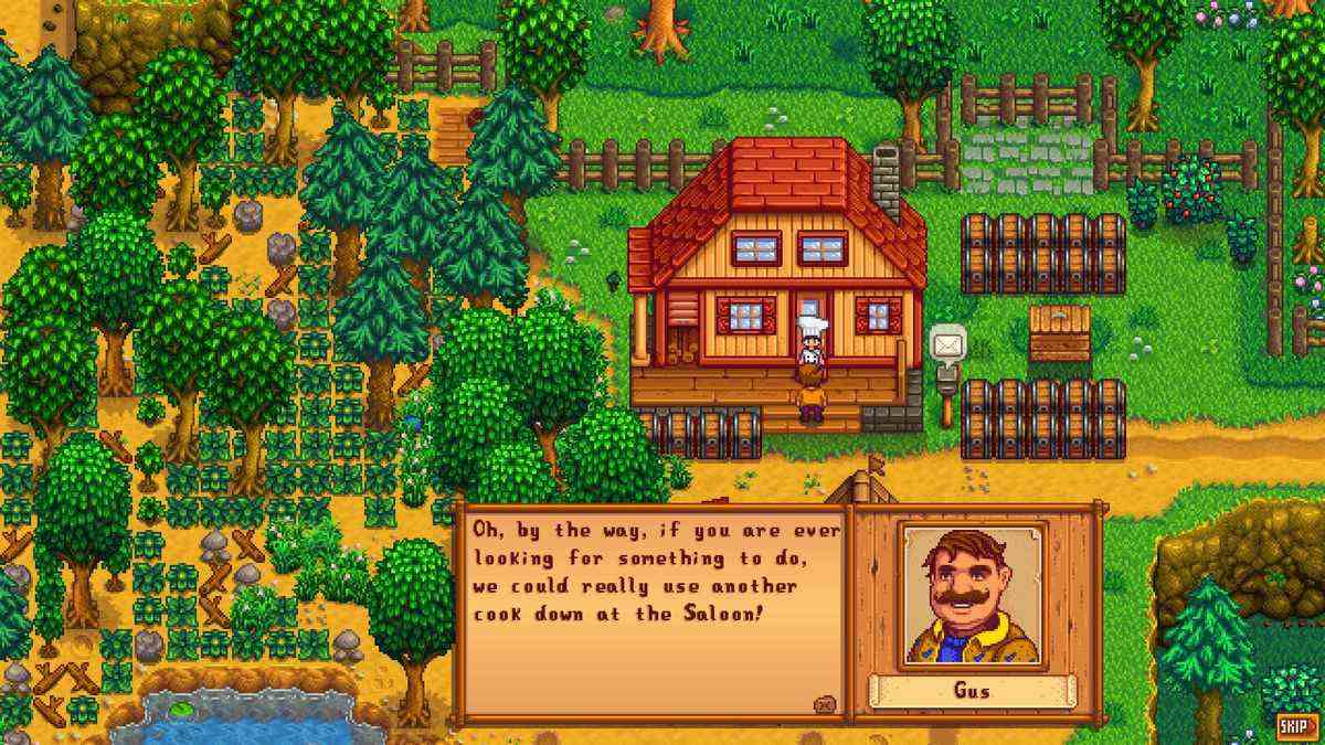 Stardew Valley avec le mod Restauranteer.  Gus est chez le fermier et propose le travail de cuisiner au Saloon.