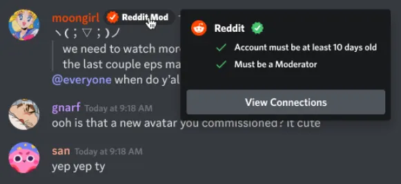 Une nouvelle étiquette de rôle lié dans un serveur Discord, montrant que l'utilisateur en question a rempli les conditions pour obtenir un rôle lié.