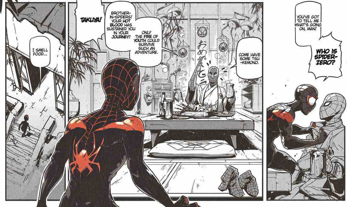 Miles Morales tombe sur Takuya Yamashiro, en train de dîner dans sa maison traditionnelle japonaise.  Miles est dessiné dans son costume habituel aux couleurs vives, tandis que Takuya et son environnement sont réalisés dans un style manga monochrome.  De Spider-Verse # 1 (2019). 