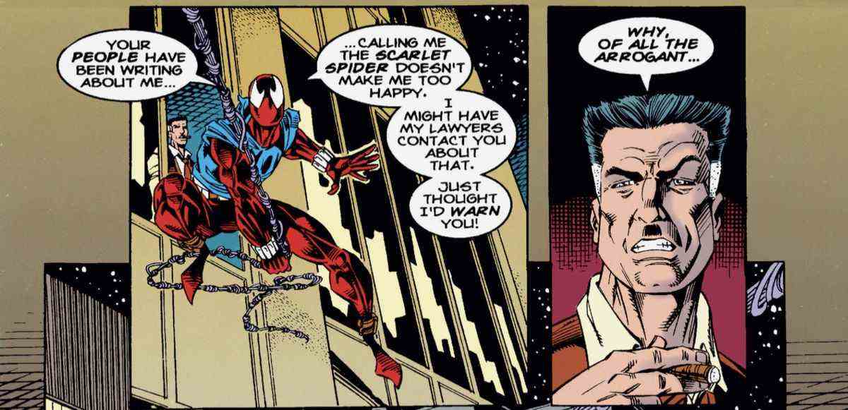 Ben Reilly / The Scarlet Spider se balance par une fenêtre de grande hauteur, portant son sweat à capuche d'araignée sans manches caractéristique sur un costume d'araignée entièrement rouge, alors qu'il se moque de JJ Jameson dans Spider-Man # 54 (1995).